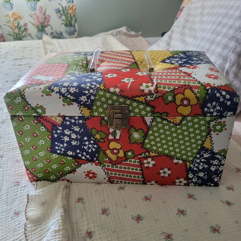 Vintage 1970's Patchwork Floral Sewing Train Case Storage Faux Quilted